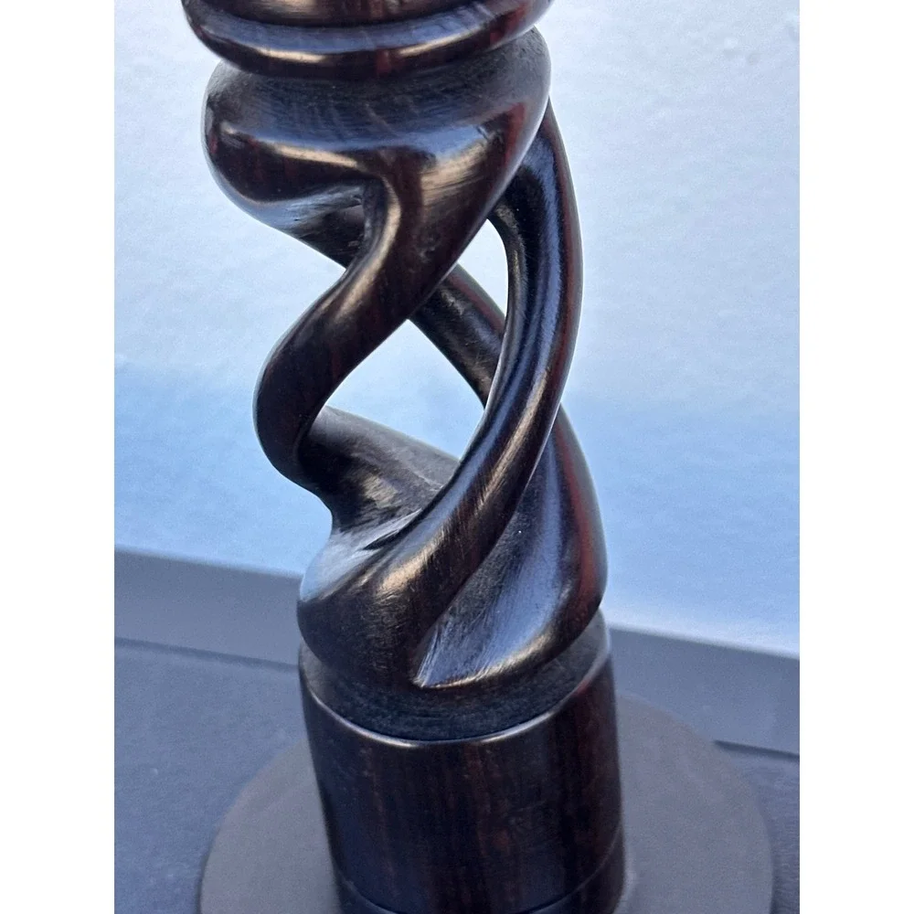 Vintage Hand Carved Wood Double Helix Spiral Candle Holders Pair Dark Brown 7